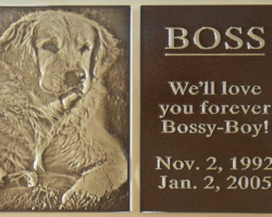 Pet Memorial Plaque #4 Bronze plaque, cast leather texture, brown color. With low relief photo of "Boss"