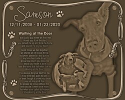 Pet Memorial Plaque #10 Bronze plaque, specialty border, with brown color and low relief photos. Holes through the face for mounting.