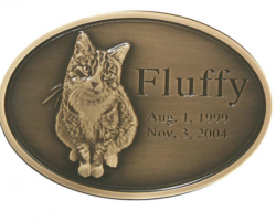 Pet Memorial Plaque #8 Circular bronze plaque, single line border, light oxidized color, no background. Low relief photo of "Fluffy"