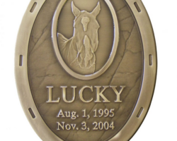 Pet Memorial Plaque #9 Horseshoe shaped plaque. Low relief photo of "Lucky"