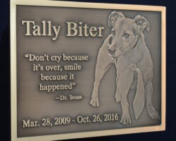 Pet Memorial Plaque #12 Tally-Biter Bronze plaque, single line border, Oxidized color and low relief photo.