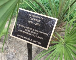 #1 Bronze plaque with flat band border, brown color, leather texture, 24" bent post on the back.