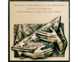 MILITARY PLAQUES & EMBLEMS #28 ETCHED SATIN BRONZE PLAQUE WITH A SCULPTED FLAG APPLIED TO THE FACE