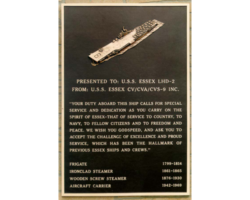 MILITARY PLAQUES & EMBLEMS #34 CAST BRONZE PLAQUE, FLAT BAND BORDER, BROWN BACKGROUND WITH A SCULPTED AIRCRAFT CARRIER