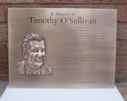 Photo #4 Etched oxidized bronze plaque with black recessed text.  Bronze Bas-relief image bottom left.