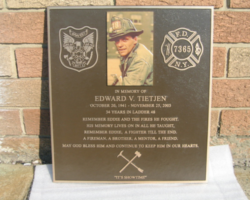 Portrait Plaques #2 Cast bronze plaque, flat band border, brown color, leatherette texture, full color UV printed photo, flat relief emblems cast on to plaque, concealed mounting.