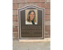 Portrait Plaques #8 Bronze plaque, Ivy leaf inside 2 flat bands, arched top, brown background, leather texture, UV printed portrait, concealed mounting.