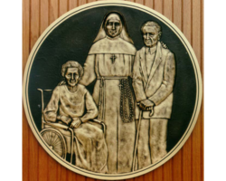 Photos #32 Circular Bronze Plaques, Inset Border, cast bronze bas-relief of three people.