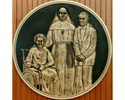 Photos #32 Circular Bronze Plaques, Inset Border, cast bronze bas-relief of three people.