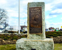 Photo #1 Photo engraved bronze plaque Harry Agganis Square. Flat band border, oxidized background, concealed mounting.
