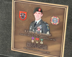 Portrait Plaques #13 Photo engraved bronze plaque, double line flat band beveled border, full color portrait, emblems, and medals, bronze-tone American flag in background, concealed mounting.