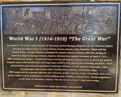 MILITARY PLAQUES & EMBLEMS #43 PHOTO ENGRAVE BRONZE PLAQUE, INSET FLAT BAND BORDER, BROWN BACKGROUND, IMAGES OF WORLD WAR 1